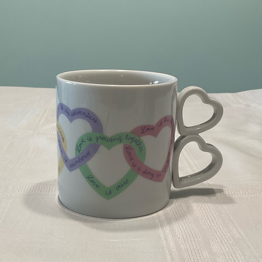 Coffee Mug with Hearts and Love Messages Double heart handle